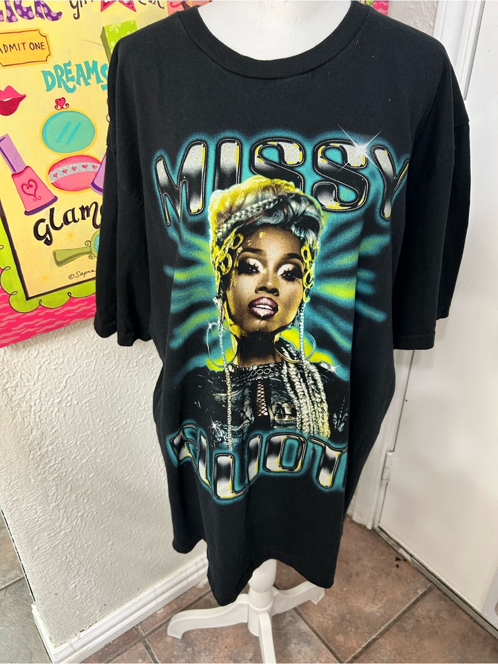 Black Graphic Tee with Bold Neon Woman Print